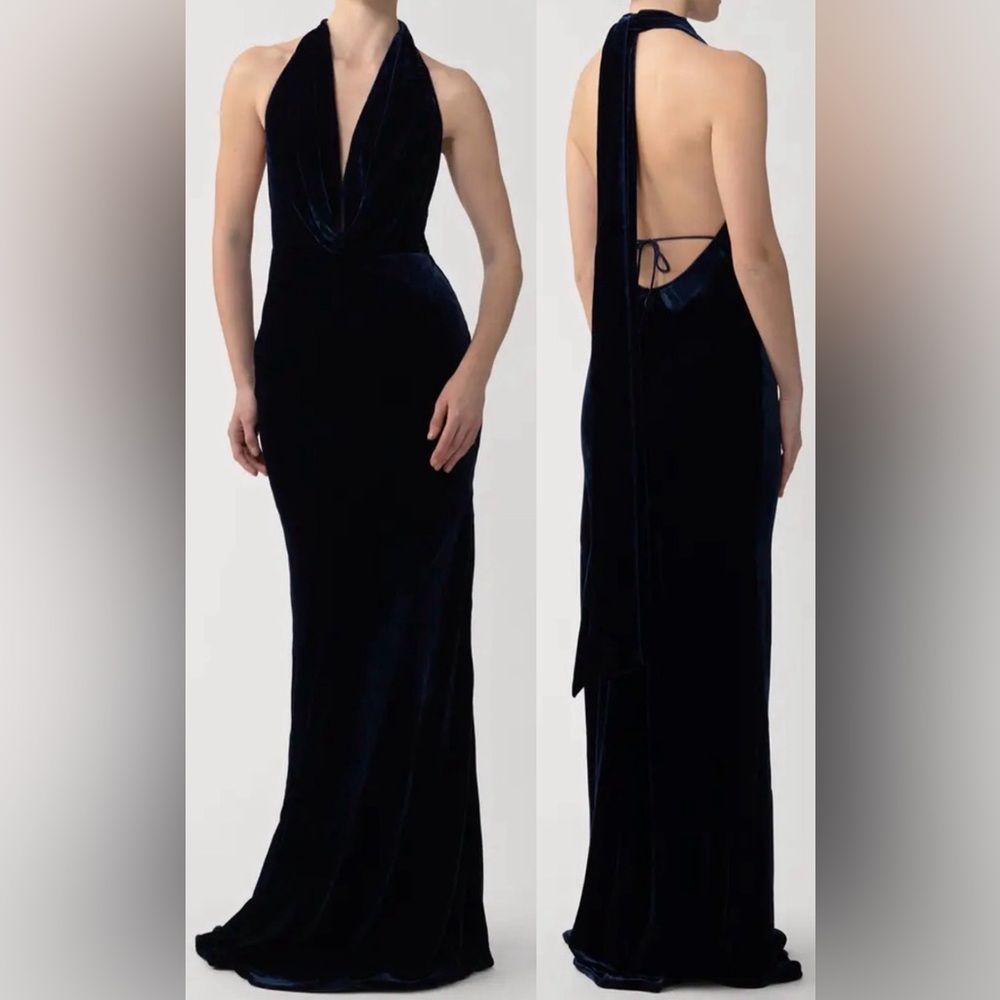 NEW SAU LEE velvet midnight blue halter gown sz 2